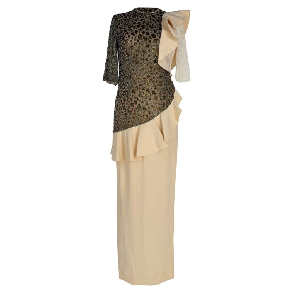 Alessandra Rich Leopard Patterned Ruffled Maxi Dress in Cream Silk